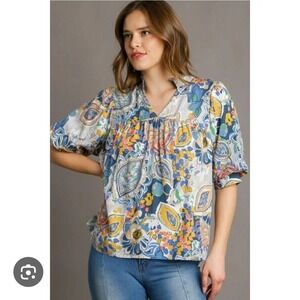 Umgee Womens L Top Puff Sleeve Notched Rayon Flowy Paisley Floral Boho Cottage